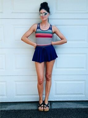 Vintage Striped Tank One-Piece Swim Dress Navy Blue White & Red